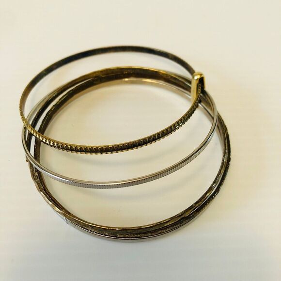 90s Style Gold Silver Tone Metal Bangles Hammered & Geometric Design - Picture 4 of 5